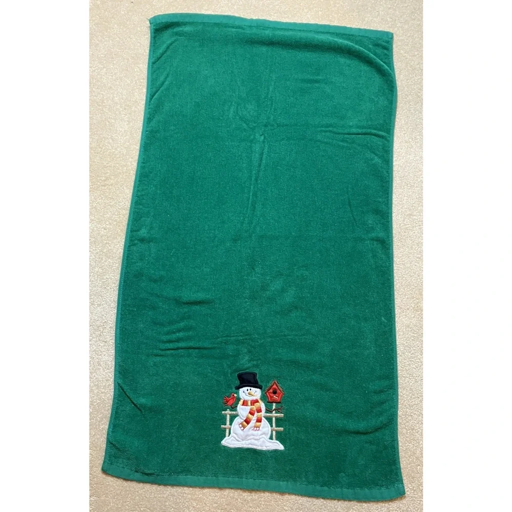 Vintage Cecil Saydah Bath and Hand Towel Set of 3 Green Christmas Snowman